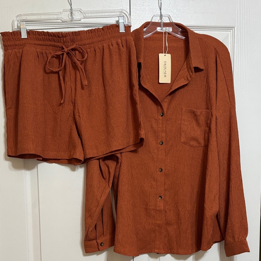NWT Eloquii Rust Two-Piece Lounge Jumpsuit Shirt & Shorts Set